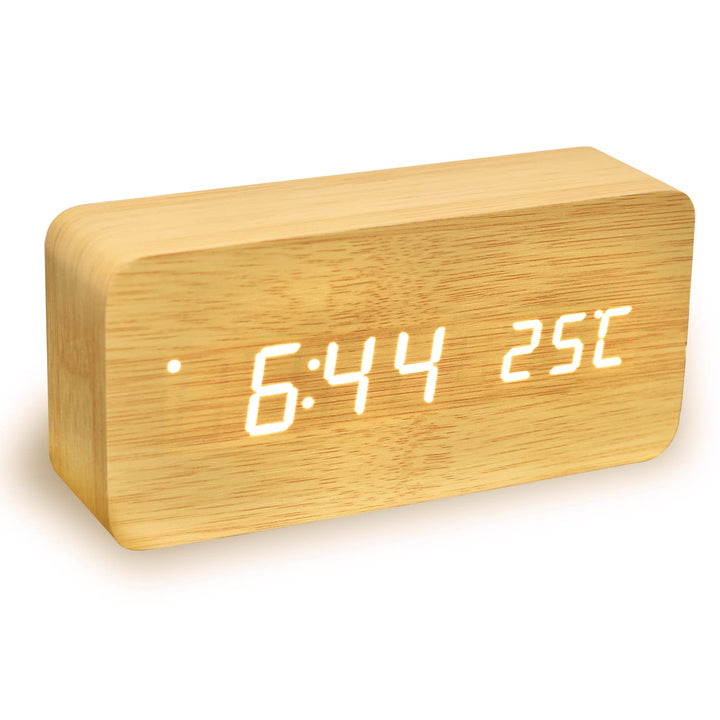 Digital Wooden Alarm Clock with USB Charging, LED Time Temperature Date Display Bamboo Rectangle for Bedroom/Desk/Office