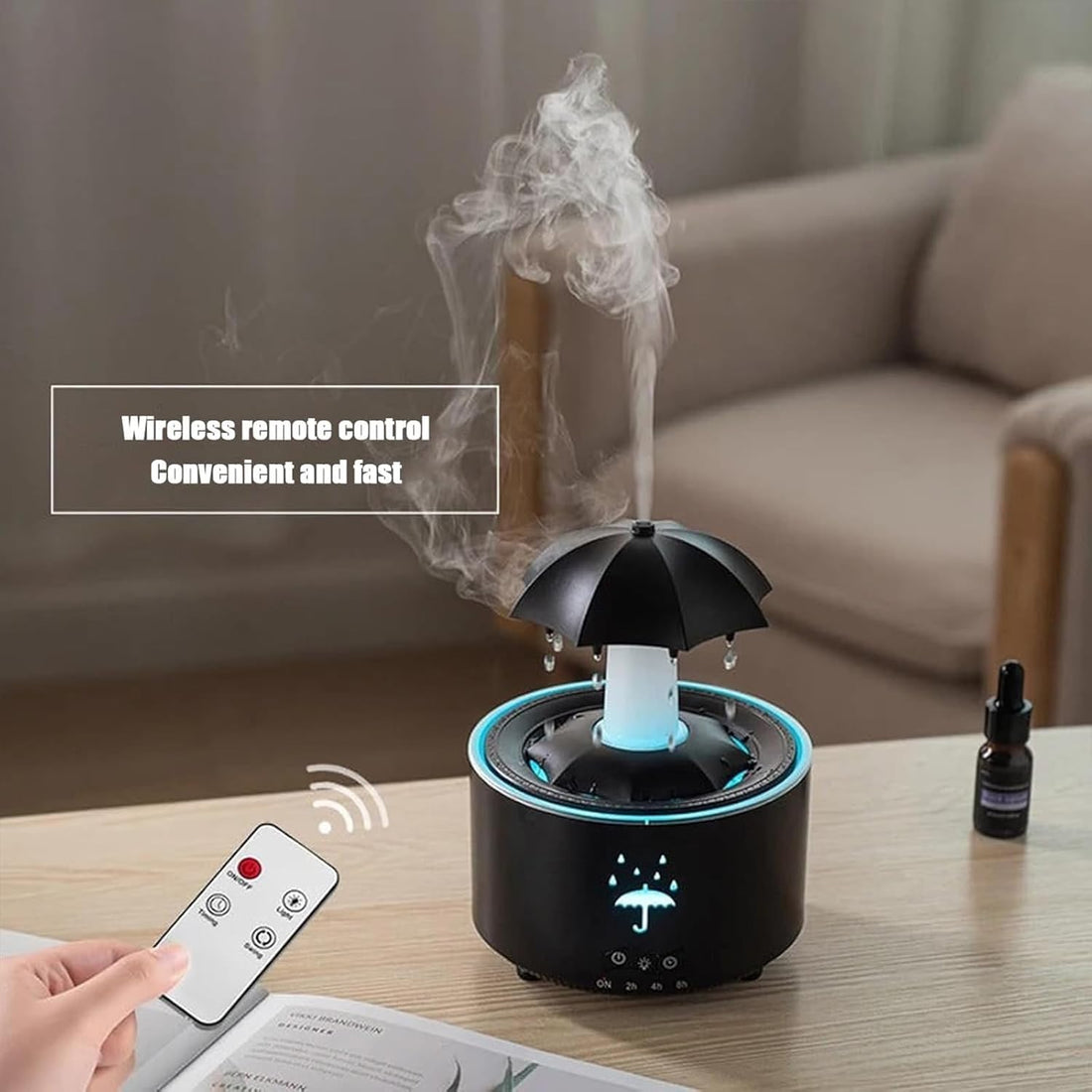 Umbrella Humidifier, Umbrella Diffuser with Rain Effect, Misefy Zupina Humidifier, Umbrella Waterfall Humidifier with Water Droplets, 7-Color Led Rotating Aroma Diffuser with Remote (White-1 Pc)