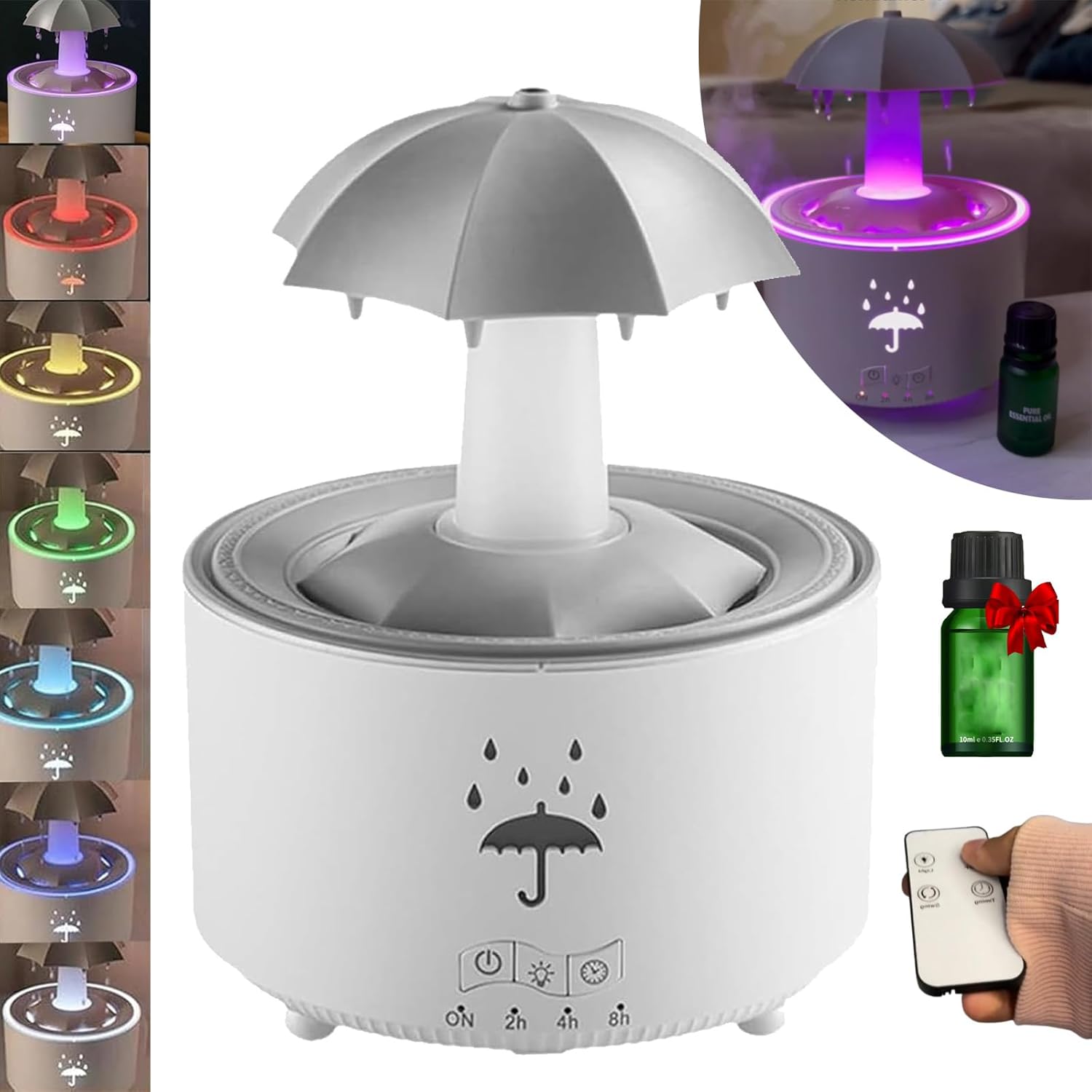Umbrella Humidifier, Umbrella Diffuser with Rain Effect, Misefy Zupina Humidifier, Umbrella Waterfall Humidifier with Water Droplets, 7-Color Led Rotating Aroma Diffuser with Remote (White-1 Pc)