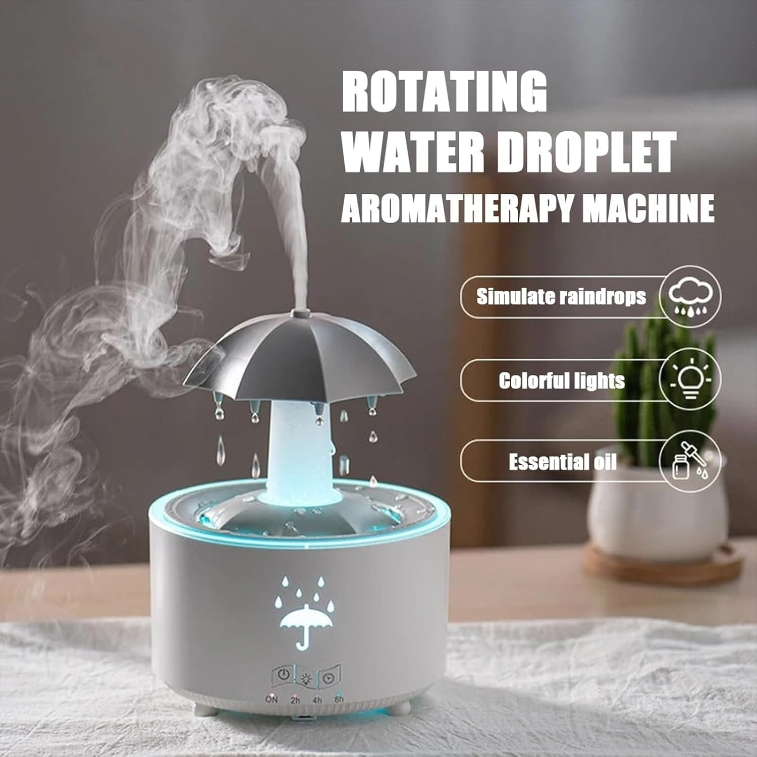 Umbrella Humidifier, Umbrella Diffuser with Rain Effect, Misefy Zupina Humidifier, Umbrella Waterfall Humidifier with Water Droplets, 7-Color Led Rotating Aroma Diffuser with Remote (White-1 Pc)