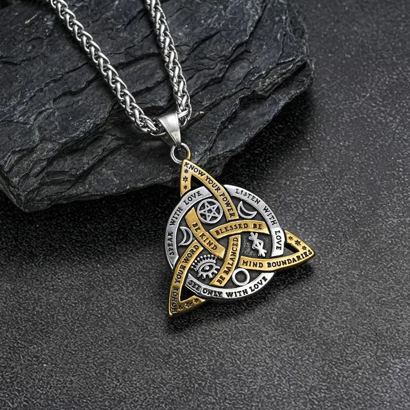 Double Sided Stainless Steel Triple Goddess Triquetra Necklace Celtic Knot Irish Christian Trinity Knot Pendant