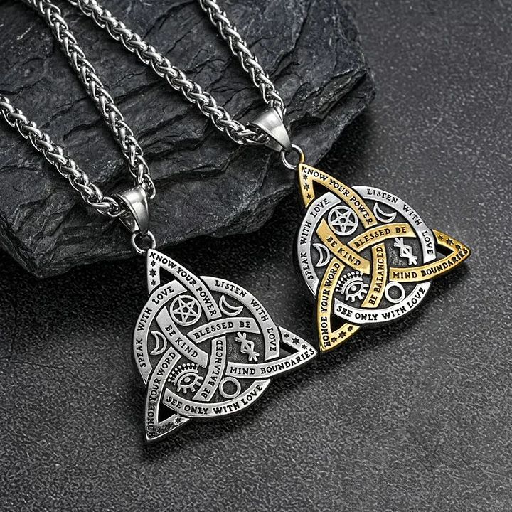 Double Sided Stainless Steel Triple Goddess Triquetra Necklace Celtic Knot Irish Christian Trinity Knot Pendant