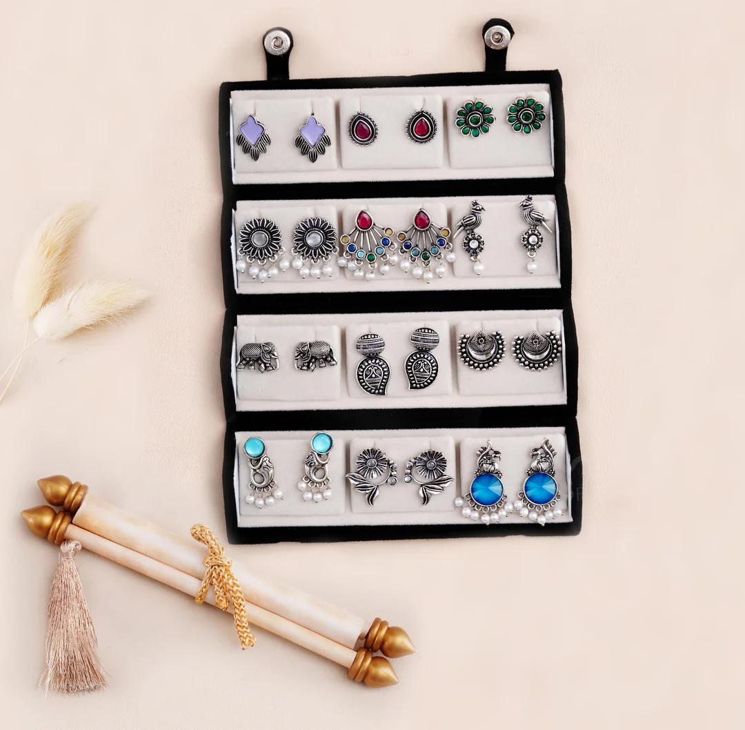 Set Of 12 Oxidized Designer Stud Earrings With Folding Jewelry Box