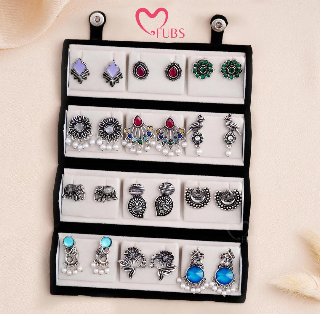 Set Of 12 Oxidized Designer Stud Earrings With Folding Jewelry Box