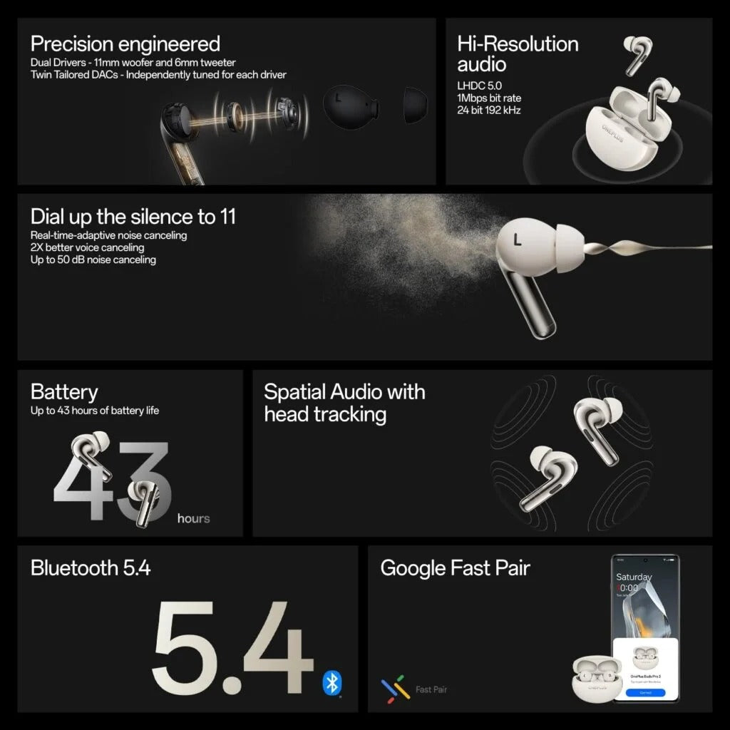 OnePlus Buds Pro 3 Bluetooth TWS in-Ear Buds – Dual Drivers, Dual DACs, Dynaudio EQs, AI-Powered Translator, Up to 50dB Adaptive Noise Cancellation, Up to 43Hrs